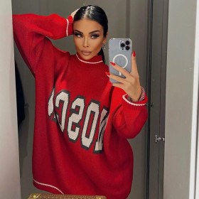 Round neck contrasting letter sweater loose shoulder long sleeved top for women's clothing