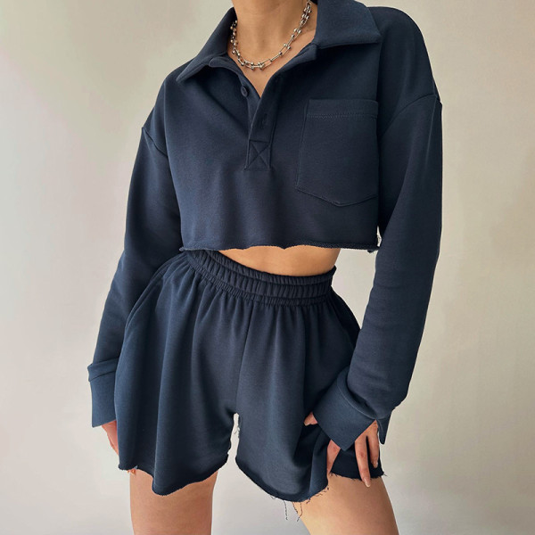 Simple casual slim fitting Polo neck sweater shorts set