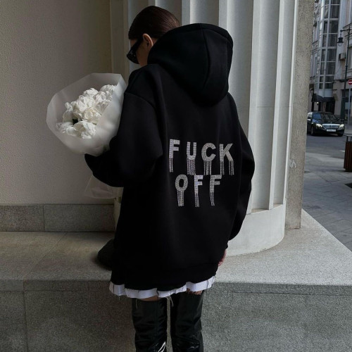 Fashion Loose Letter Hot Diamond Tassel Hooded Coat