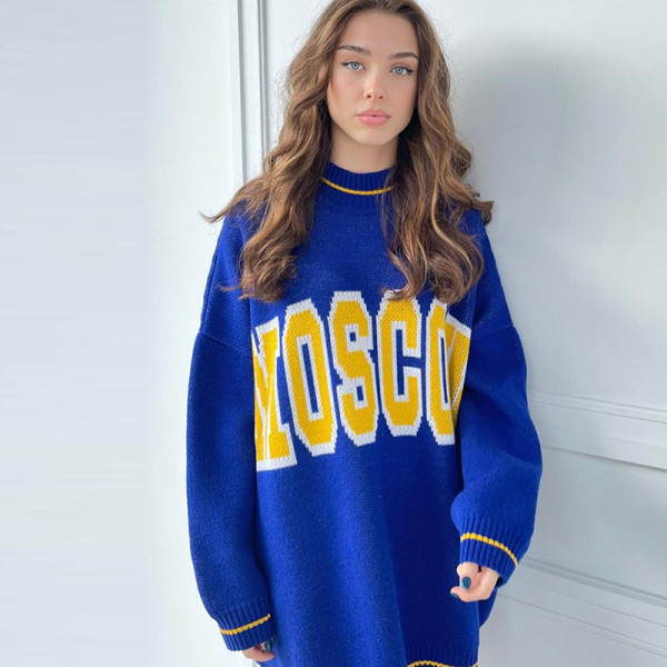 Round neck contrasting letter sweater loose shoulder long sleeved top for women's clothing