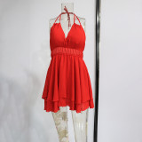 Women's Solid Color Ruffle Edge Sexy Slim Fit Hollow Open Back Hanging Neck Chiffon Dress