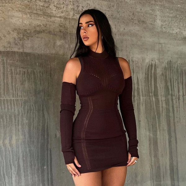 Waist fitting and patchwork knitted dress with sexy perspective shoulder bag and hip skirt