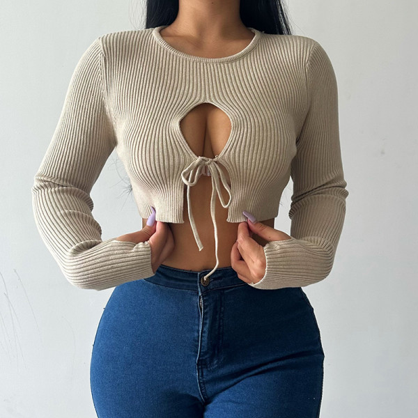Knitted basic round neck hollowed out long sleeved top