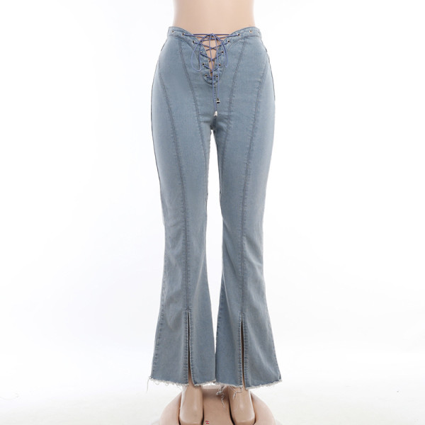 High waisted sexy strap cut out split jeans