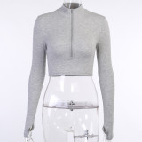Zipper Half Open Collar Long Sleeve Top