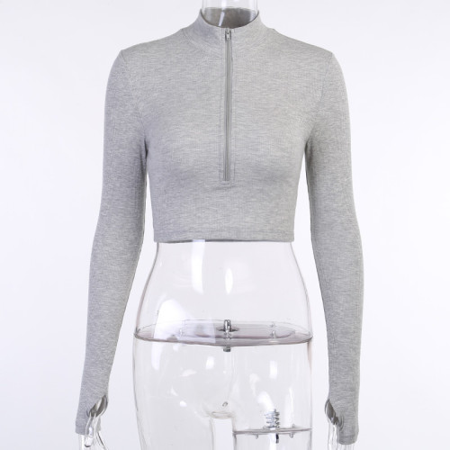 Zipper Half Open Collar Long Sleeve Top