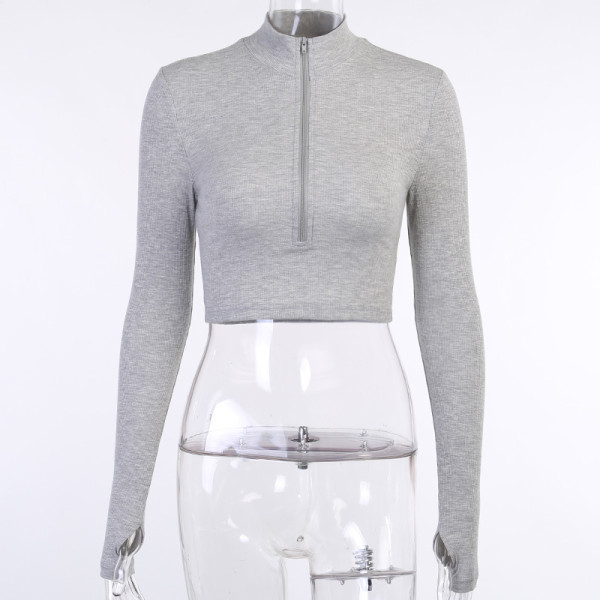 Zipper Half Open Collar Long Sleeve Top