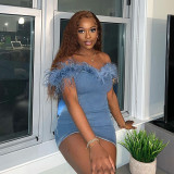 Off Shoulder Fur Edge Wrapped Hip Denim Dress