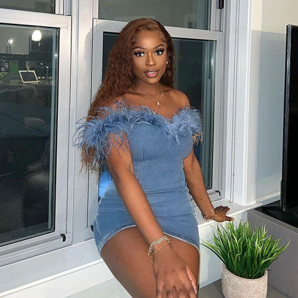 Off Shoulder Fur Edge Wrapped Hip Denim Dress
