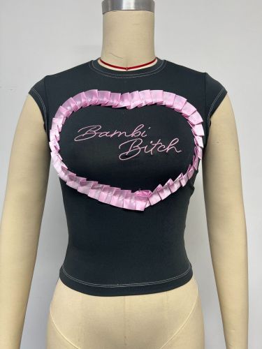 Love stitching embroidery short top with exposed navel T-shirt