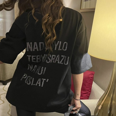 Letter printed hot diamond oversized T-shirt for women's casual outerwear with 5/4 sleeves top