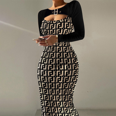 Printed buckle embellished hollowed out tight buttocks dress