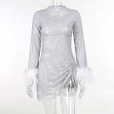 Round neck fine sparkling fur long sleeved sexy slit dress