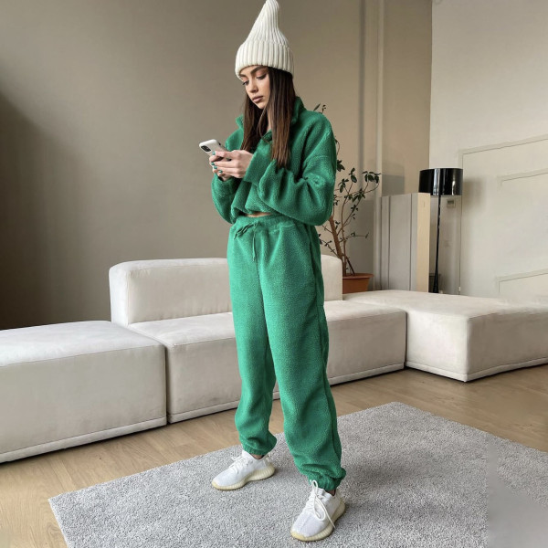 Polar fleece half zip top sports leggings women's fashion two-piece set