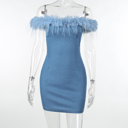 Off Shoulder Fur Edge Wrapped Hip Denim Dress