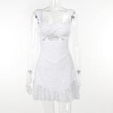 Sexy Strap Waist Slim Fit Open Back Embroidered Lace Dress