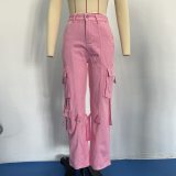 Loose Multi Pocket Workwear Pants American Vintage High Waist Straight Leg Casual Jeans