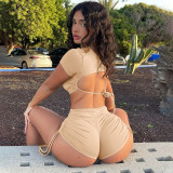 Solid round neck short sleeved lace up wrinkled shorts two-piece fashion set