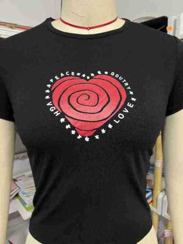 Contrast Color Love Print Top Sexy Open Navel Short T-shirt