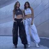 Pocket Panel Wide Leg Leather Pants Loose Casual Lace up Straight Barrel Leather Pants