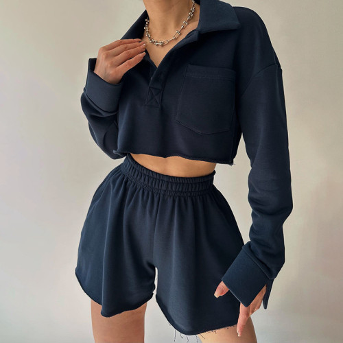 Simple casual slim fitting Polo neck sweater shorts set