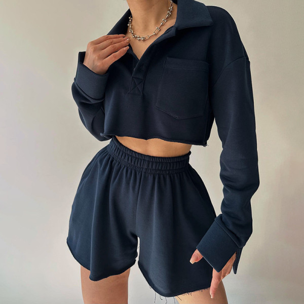 Simple casual slim fitting Polo neck sweater shorts set