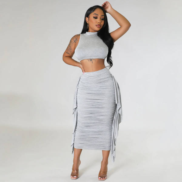 Women's sexy tight fitting tassel sleeveless two-piece dress set