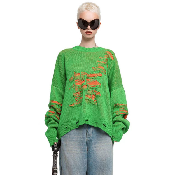 Loose Sweater Women's Casual Loose Lazy Contrast Color Hole Long Sleeve Top