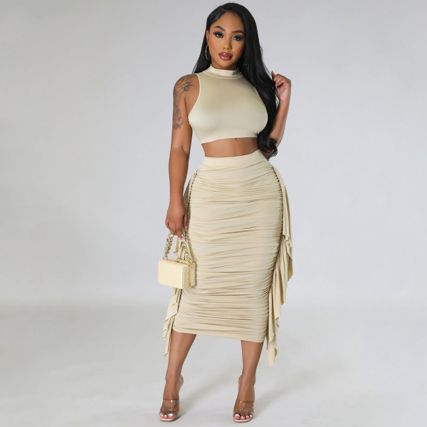 Women's sexy tight fitting tassel sleeveless two-piece dress set