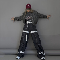 Contrast color waistband loose casual workwear pants with multiple pockets, straight tube, and hanging feeling wide leg pants