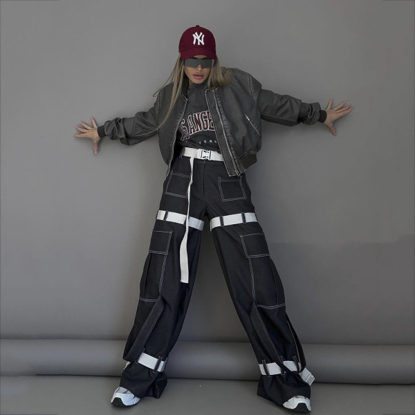 Contrast color waistband loose casual workwear pants with multiple pockets, straight tube, and hanging feeling wide leg pants