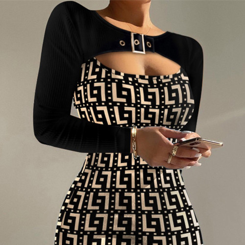 Printed buckle embellished hollowed out tight buttocks dress