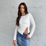 Slim Fit Split Tee Fashion Diagonal Shoulder Split Long Sleeve Top