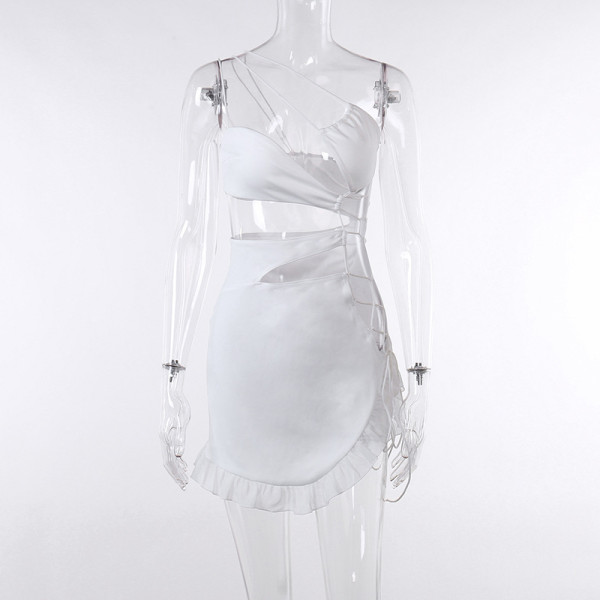Irregular and sexy hollow out ruffled dress with straps