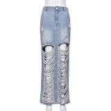 Personalized denim wash pocket split tassel skirt