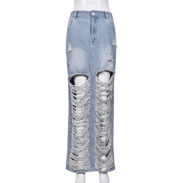 Personalized denim wash pocket split tassel skirt