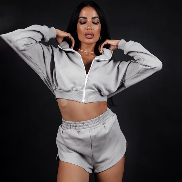Sports Set Short Open Umbilical Zipper Top Casual Three Piece Pants Women's Fashion Two Piece Set