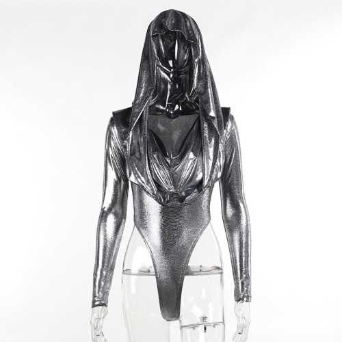 Sparkling Hooded Long Sleeves Waste Soil Style Slim Fit Inner Layer One Piece Top