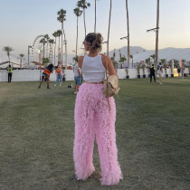 Slim pants with fur stitching, loose and draping, straight leg pants