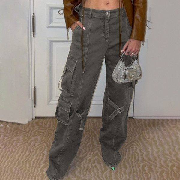 Loose Multi Pocket Workwear Pants American Vintage High Waist Straight Leg Casual Jeans