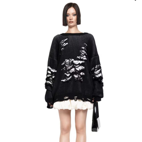Loose Sweater Women's Casual Loose Lazy Contrast Color Hole Long Sleeve Top