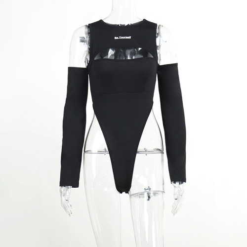 Casual fashion top long sleeved detachable off shoulder printed hollow out jumpsuit