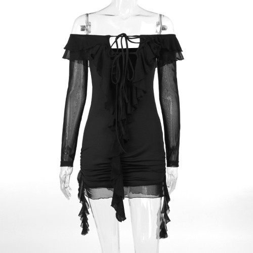 Lace up ruffle cut out long sleeved dress