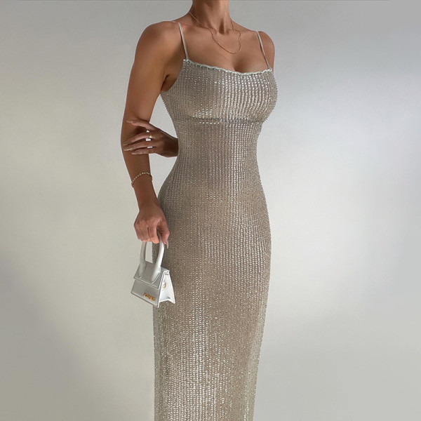 Women's knitted bra long dress slim fitting sleeveless casual bead strap dress