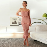 Elastic and tight patchwork dress with pleated straps for slimming fit and a slim bra strap dress