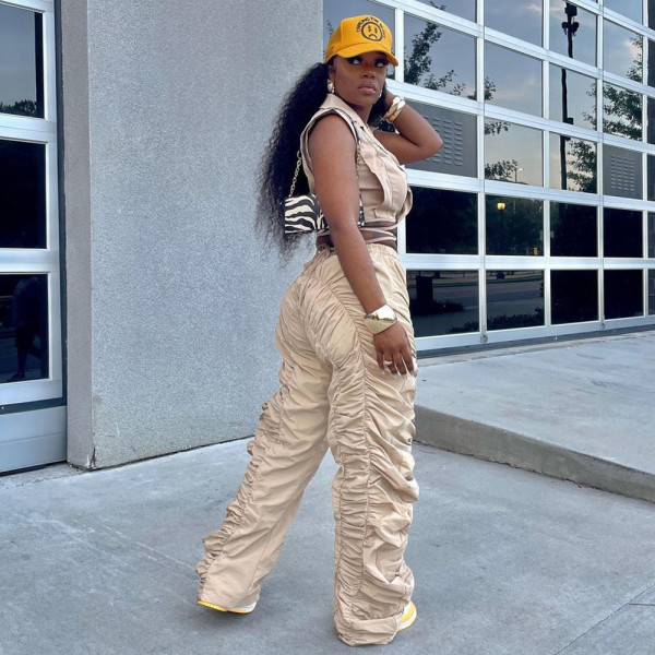 Loose Street Pleated Personalized Elastic Waist Pants