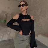 Casual fashion top long sleeved detachable off shoulder printed hollow out jumpsuit