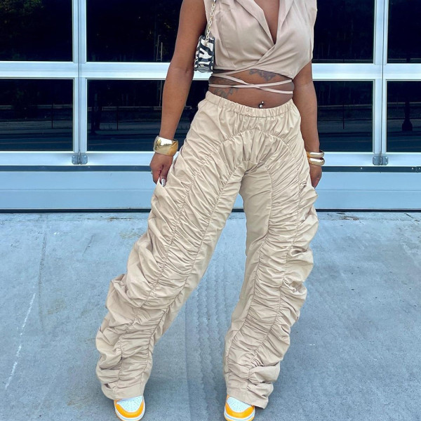 Loose Street Pleated Personalized Elastic Waist Pants