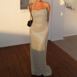 Women's knitted bra long dress slim fitting sleeveless casual bead strap dress