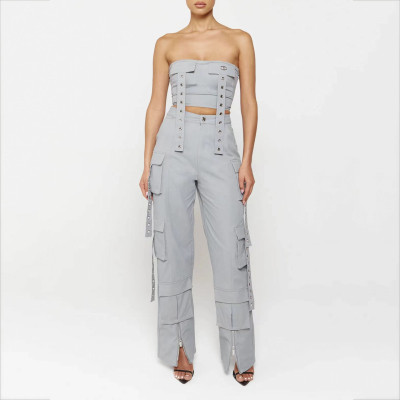 Two piece set of straight tube streamer overalls with multiple pockets